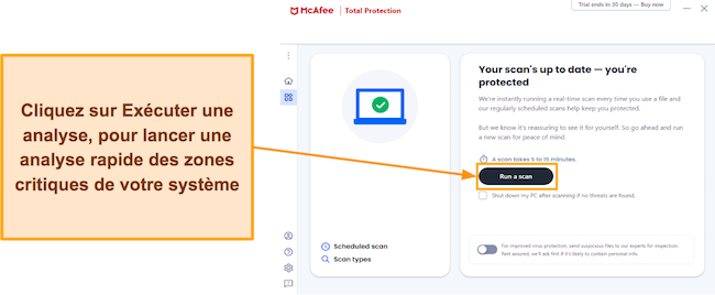 Capture d'écran montrant comment démarrer l'analyse rapide de McAfee