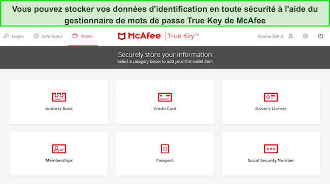 Capture d'écran montrant l'interface de McAfee True Key Password Manager