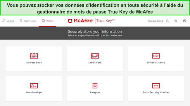 Examen de lantivirus mcafee interface du gestionnaire de mot de passe true key