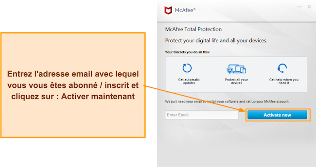 Capture d'écran montrant la section d'activation de la configuration de McAfee