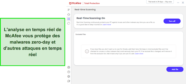 Capture d'écran du menu d'analyse en temps réel de McAfee