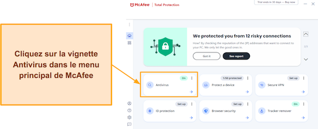 Capture d'écran montrant comment accéder à la section des analyses dans McAfee