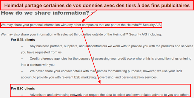 Capture d'écran de la politique de confidentialité de Heimdal mentionnant qu'elle conserve certaines données utilisateur