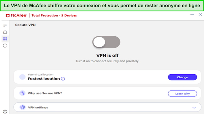 Capture d'écran montrant l'interface VPN de McAfee