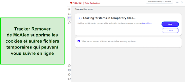 Capture d'écran montrant le Tracker Remover de McAfee à la recherche de fichiers temporaires