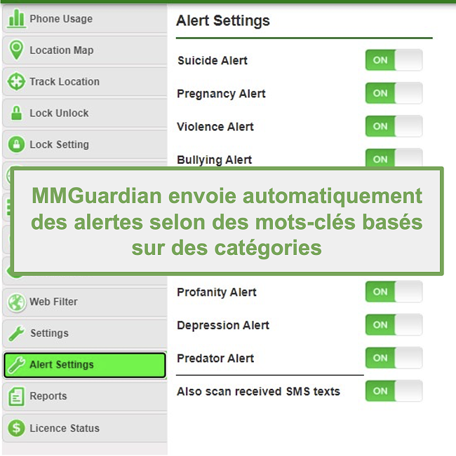 Capture d'écran de MMGuardian envoyant automatiquement des alertes pour les mots-clés basés sur des catégories