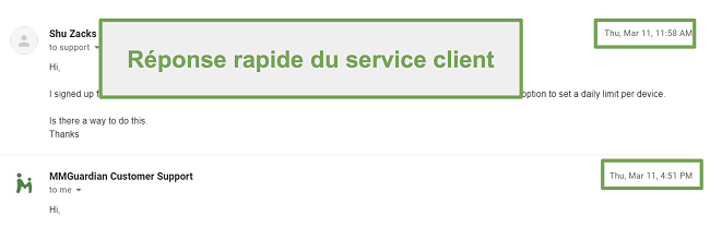 Capture d'écran de la réponse rapide du support client