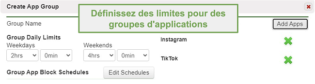 Capture d'écran de la définition de limites sur des groupes d'applications