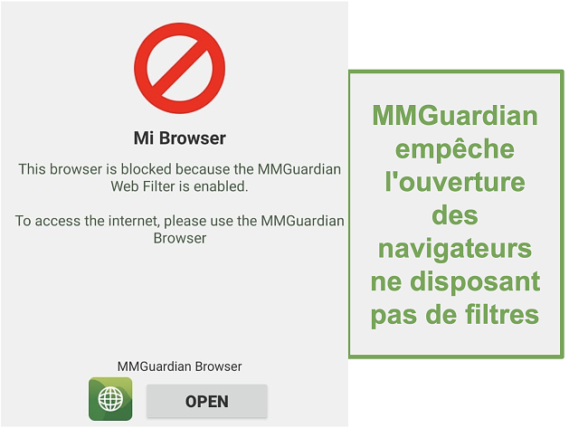 Capture d'écran de MMGuardian empêchant l'ouverture des navigateurs non filtrés