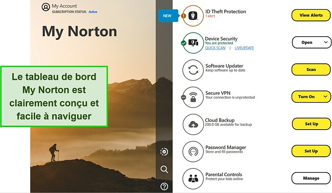 Capture d'écran de l'interface du tableau de bord My Norton de Norton sous Windows.