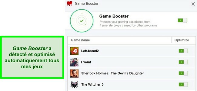 Capture d'écran de la fonction Game Booster de BullGuard avec liste des jeux optimisés automatiquement