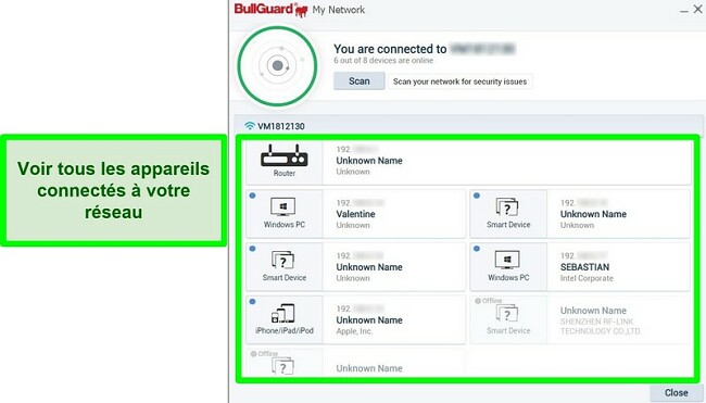 Capture d'écran du scanner réseau de BullGuard et des périphériques activement connectés à un réseau.