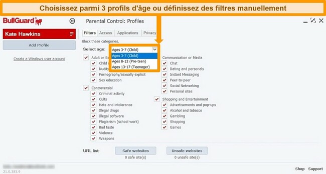 Capture d'écran des paramètres de contrôle parental et des filtres de profil de BullGuard.