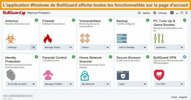 Capture d'écran de l'interface principale de BullGuard telle qu'elle apparaît sous Windows.