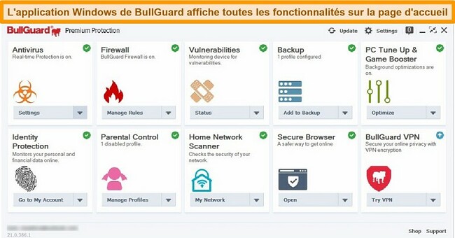 Capture d'écran de l'interface principale de BullGuard telle qu'elle apparaît sous Windows.