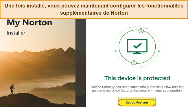 Capture d'écran de l'interface de Norton une fois l'installation terminée, avec une mise en évidence sur le bouton 