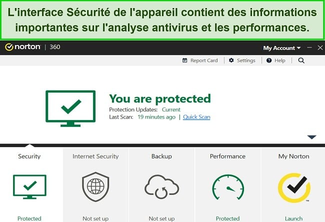 Capture d'écran du tableau de bord Device Security de Norton pour Windows.