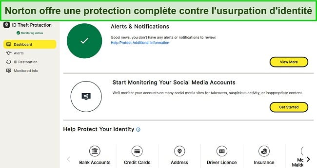 Capture d'écran du tableau de bord de protection contre le vol d'identité de Norton.