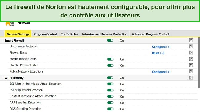 Capture d'écran des paramètres du pare-feu de Norton montrant un haut niveau de personnalisation