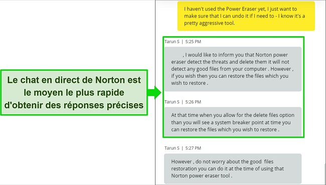Capture d'écran de l'agent de chat en direct de Norton répondant à une question sur l'outil Power Eraser