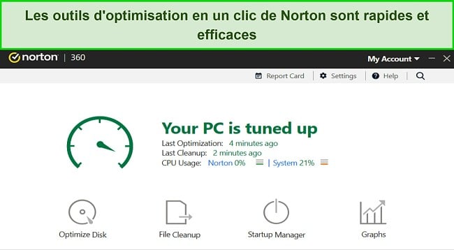 Capture d'écran des outils d'optimisation de Norton.