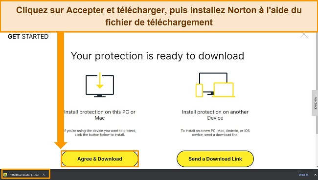 Capture d'écran de la page Web Accepter et télécharger Norton, mettant en évidence le fichier d'installation.