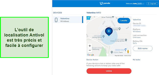 Capture d'écran de l'outil de localisation antivol de Panda détectant l'emplacement précis d'un appareil protégé