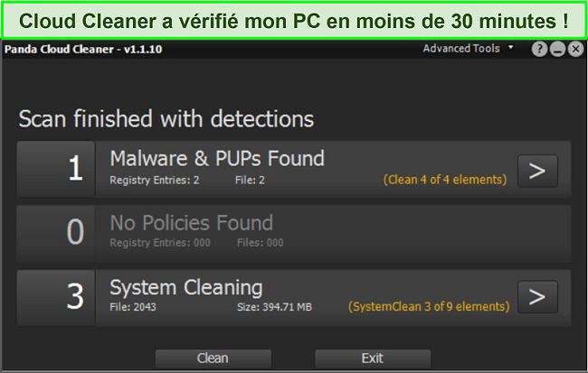 Capture d'écran de la fonctionnalité Cloud Cleaner de Panda avec une analyse terminée