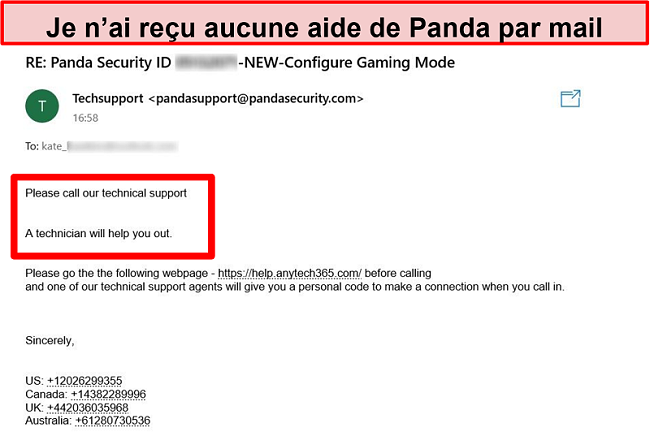 Capture d'écran de l'e-mail reçu du support technique de Panda