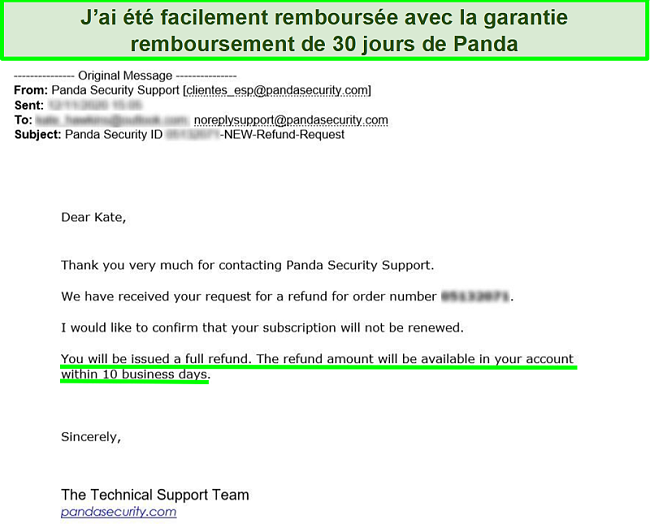 E-mail indiquant le remboursement complet approuvé par l'antivirus Panda avec la garantie de remboursement de 30 jours