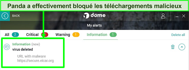 Capture d'écran de la section «Mes alertes» de Panda avec une alerte d'information en surbrillance.