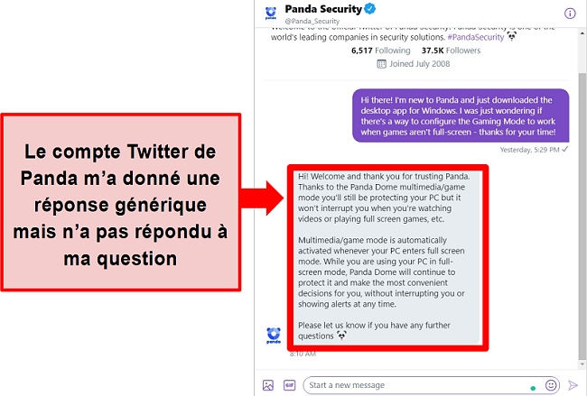 Capture d'écran de la réponse Twitter de Panda à une question de configuration spécifique