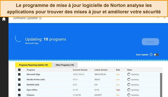 Capture d'écran de Norton Software Updater mettant à jour 10 programmes pour se protéger contre les vulnérabilités des applications