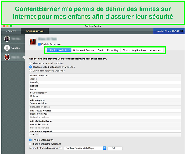 capture d'écran de l'interface ContentBarrier montrant différents paramètres de contrôle parental
