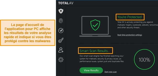 Capture d'écran montrant la page d'accueil de l'application TotalAV sous Windows