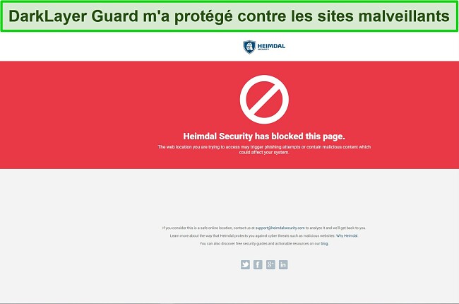 Capture d'écran de Heimdal Security bloquant un site Web malveillant