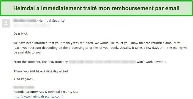 Capture d'écran de l'e-mail de confirmation de remboursement Heimdal Security