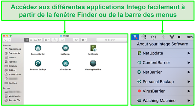 Capture d'écran montrant comment accéder à différentes applications Intego à partir de la fenêtre du Finder ou de la barre de menus