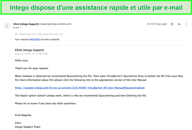 Capture d'écran d'une conversation par e-mail rapide et utile avec le personnel d'assistance d'Intego.