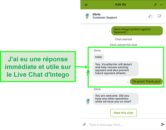 Capture d'écran du chat en direct Intego offrant une assistance rapide et utile