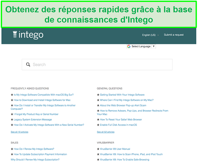 Capture d'écran de la base de connaissances d'Intego montrant les questions et réponses courantes