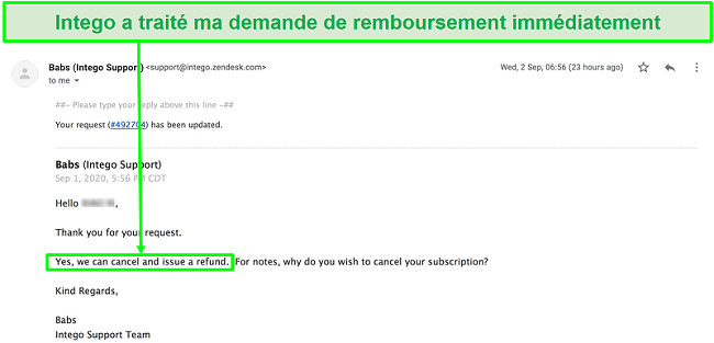 Capture d'écran d'une conversation par e-mail avec le service client d'Intego traitant immédiatement ma demande de remboursement sans poser de questions.