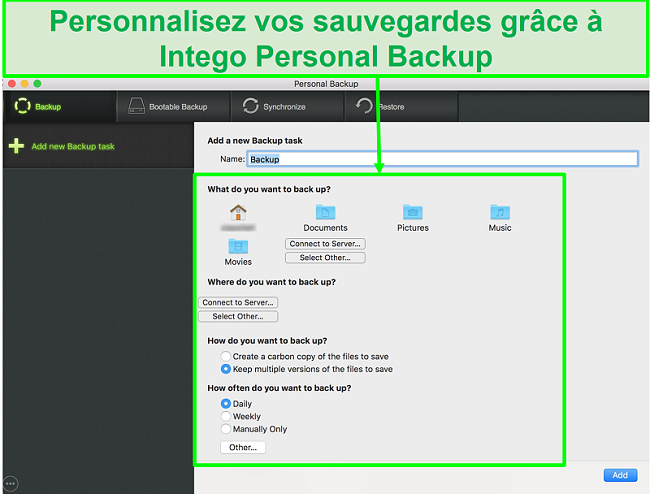 Capture d'écran de l'interface de sauvegarde personnelle d'Intego avec des options de sauvegarde de données personnalisables