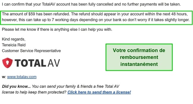 Capture d'écran de l'e-mail de confirmation de remboursement de TotalAV