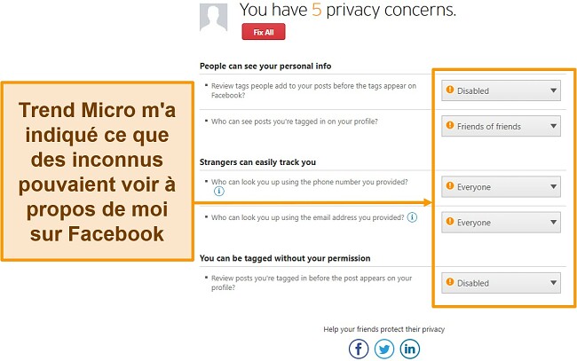 Capture d'écran de la fonctionnalité de confidentialité des réseaux sociaux de Trend Micro