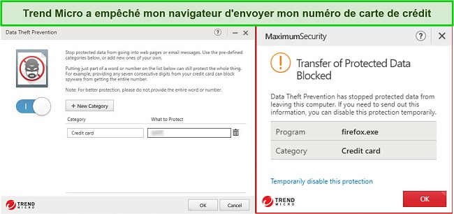 Capture d'écran de la fonction de prévention du vol de données de Trend Micro