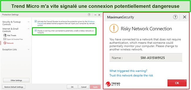 Capture d'écran de Trend Micro bloquant une connexion à risque