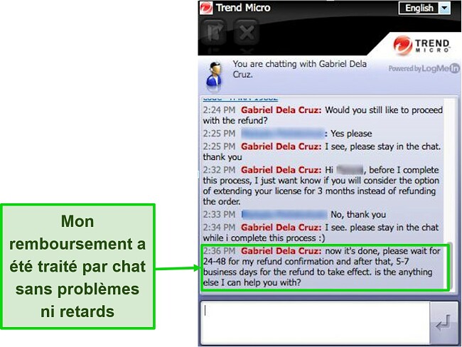 Capture d'écran de la demande de remboursement via le chat en direct de Trend Micro