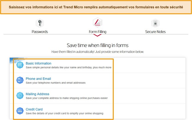 Capture d'écran des options de remplissage automatique de Trend Micro Password Manager