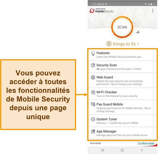 Capture d'écran de l'interface de sécurité mobile de Trend Micro